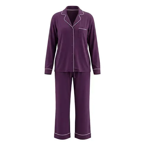 Linea Women's Plain Revere Top and Trousers Long-Sleeve Viscose Pyjama Set