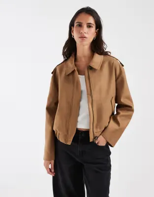 top collar faux suede bomber jacket in tan