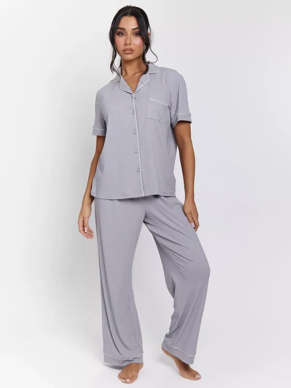 Loungeable Ribbed Traditional Short Sleeve Long Pyjama Set