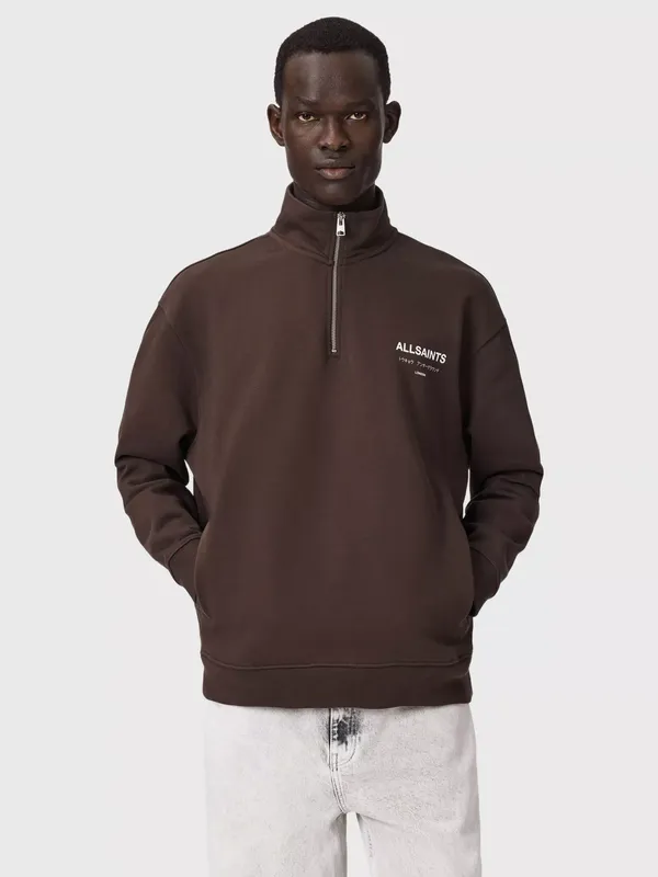AllSaints Underground Half Zip Cotton Sweatshirt, Brown