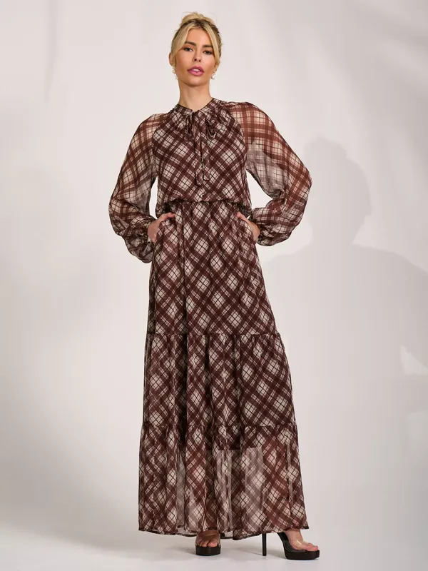 Jolie Moi Tie Neck Check Sheer Sleeve Dress, Brown