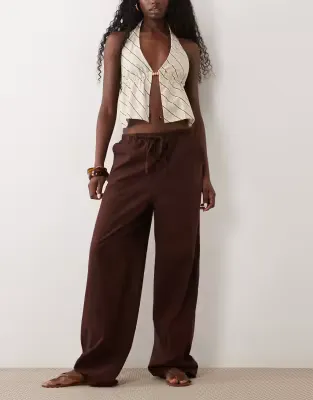 linen look pull on trousers in chocolate