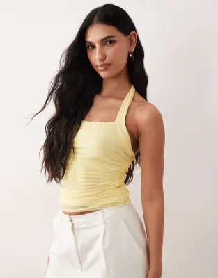 mesh ruched halter top in yellow