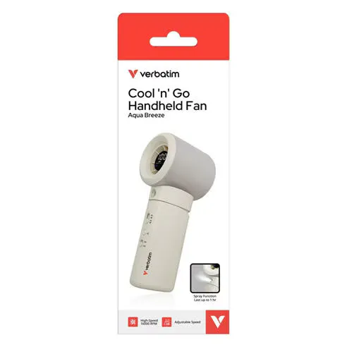 Verbatim Cool n Go Aqua Breeze Handheld fan Portable Cooling with Refreshing Mist Spray - White/Silver