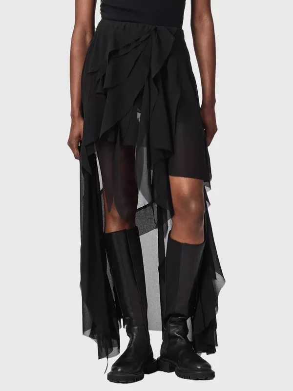 AllSaints Melody Dip Hem Ruffle Maxi Skirt, Black