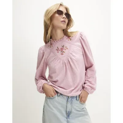 Pink Cotton Floral Embroidered Textured Top