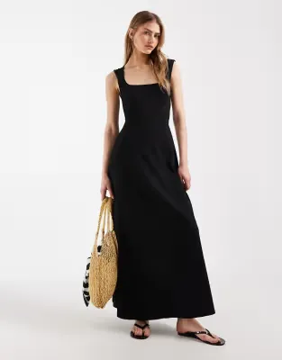 square neck seam detail midi dress in black