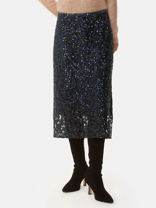 Whistles Floral Sequin Midi Skirt, Black/Multi