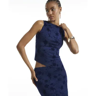 Navy Boat Neck Devore Top