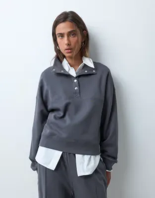 interlock funnel neck sweatshirt in charcoal grey
