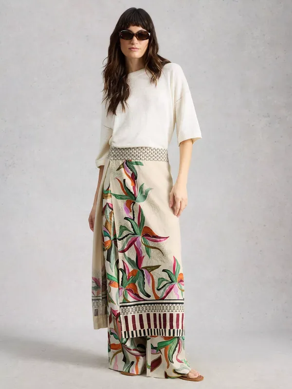 White Stuff Sasha Linen Floral Wide Leg Trousers, Multi