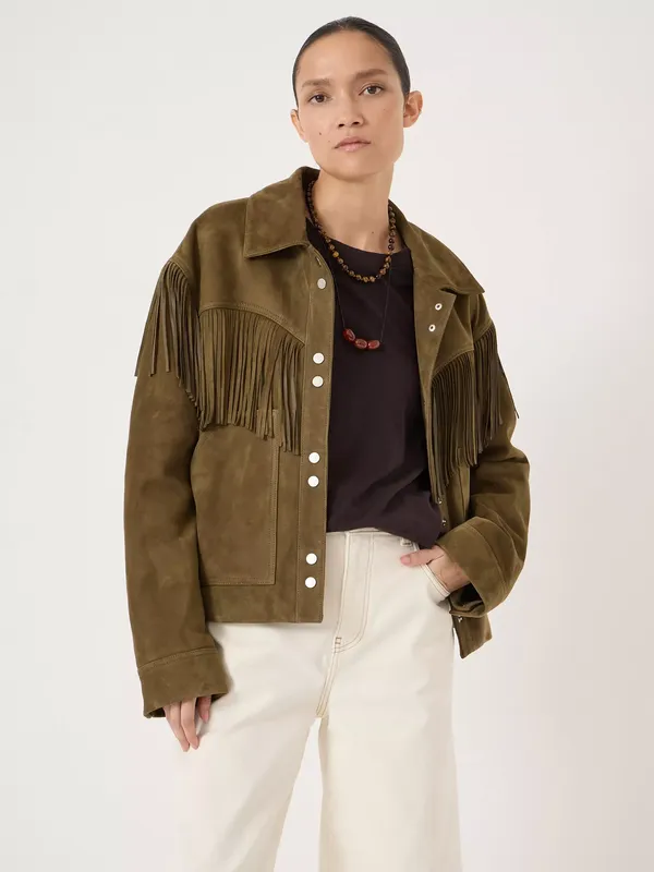 HUSH Oona Fringed Pure Suede Jacket, Khaki