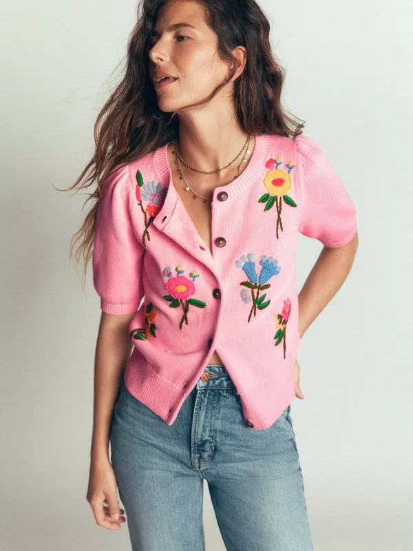 Boden Cotton Embroidered Puff Sleeve Cardigan, Pink