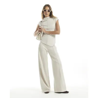 Beige Premium Wide Leg Seam Trousers