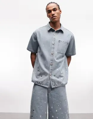 rhinestone embellished denim shirt co-ord in light wash blue