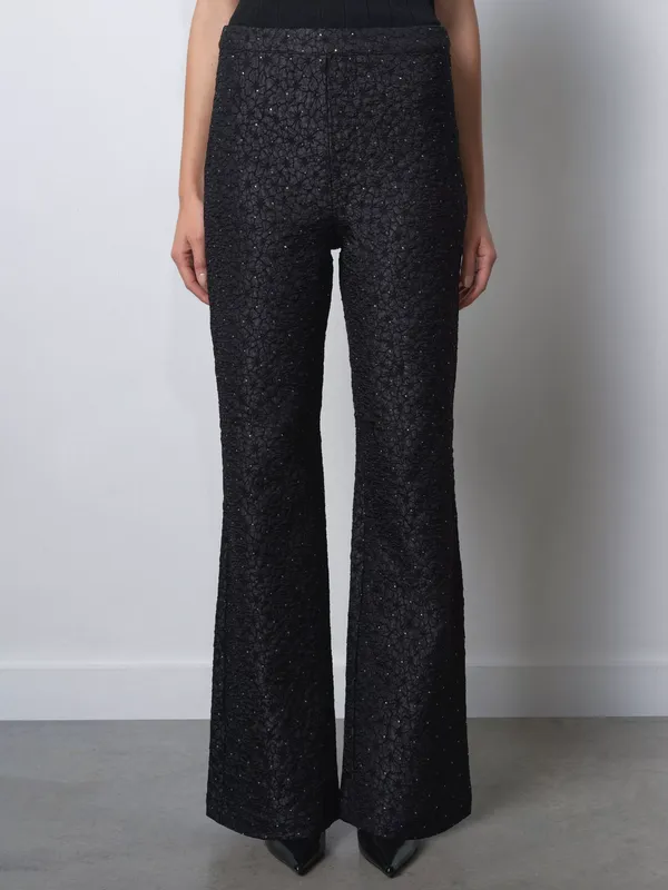 French Connection Yelena Jacquard Diamante Flared Trousers, Black