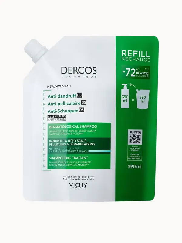 Vichy Dercos Anti-Dandruff Dermatological Shampoo for Normal to Oily Hair 390ml Refill