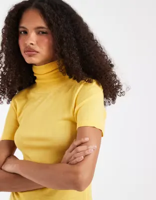 knitted grown on neck sheer t-shirt in yellow