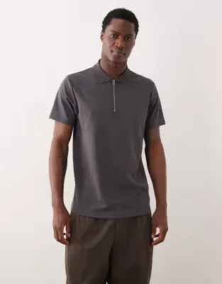 breatheMAX heavyweight zip polo in charcoal cotton blend