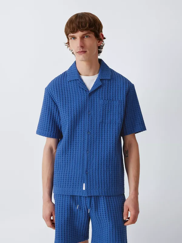 John Lewis Resort Cotton Waffle Texture Short Sleeve Shirt, Nouvean Blue