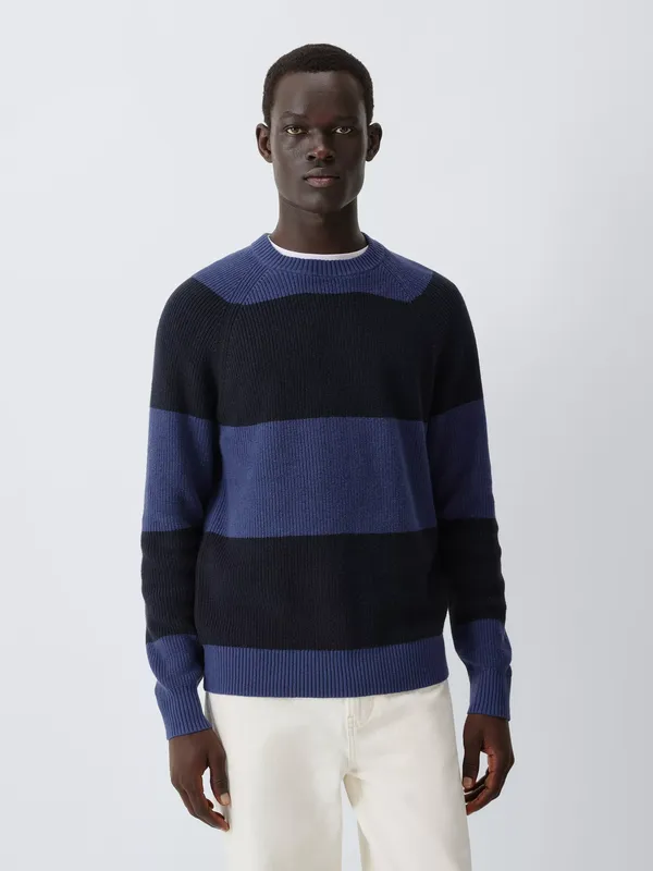 John Lewis Cotton Blend Rib Knit Striped Crew Neck Jumper
