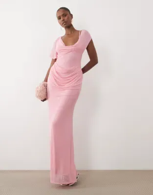 mesh draped asymmetric sleeve maxi dress in pink