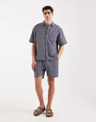oversized fit checked shirt and shorts co-ord in blue multi