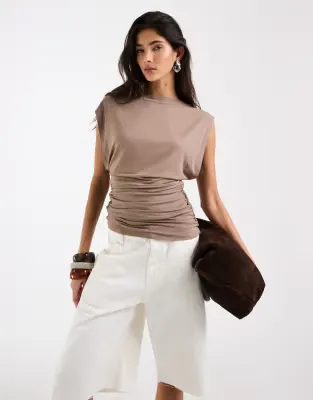 slouch relaxed neck ruched waist tank top in stone