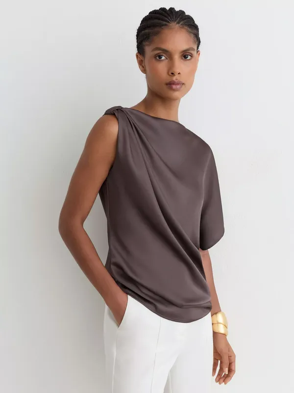 Reiss Kezia Satin Draped One Shoulder Top, Mauve