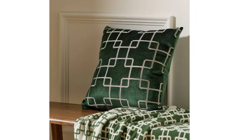 Habitat Geo Velvet Jacquard Cushion - Green - 43x43cm