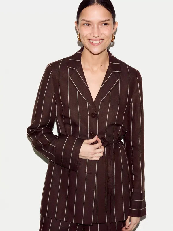 Jigsaw Pinstripe Relaxed Linen Blend Shacket, Brown