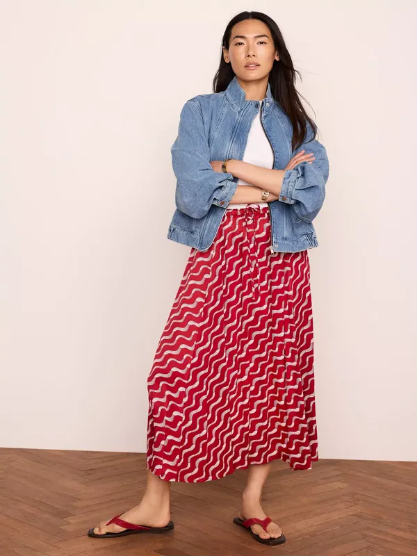 Mint Velvet Printed A-Line Maxi Skirt, Red