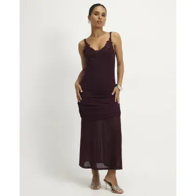 Petite Burgundy Lace Trim Drape Midi Dress