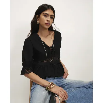 Black Lace Trim Tie Front Blouse