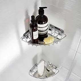 GoodHome Koros Silver effect Stainless steel Corner shower basket (W)19.9cm