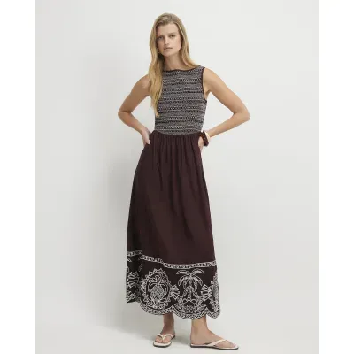 Brown Cotton Embroidered Hem Midi Dress