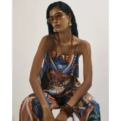Brown Palm Print Tiered Cami Top