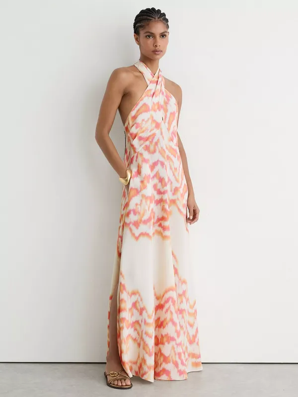 Reiss Leanne Halterneck Maxi Dress, Coral Orange