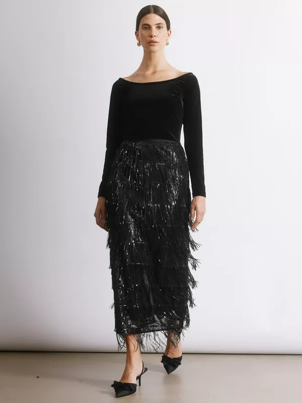 Albaray Sequin Fringe Pencil Skirt, Black