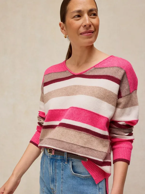 White Stuff Sansa V-Neck Striped Jumper, Pink/Multi