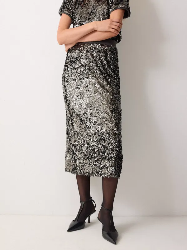 Jigsaw Metallic Sequin Midi Skirt, Dark Silver