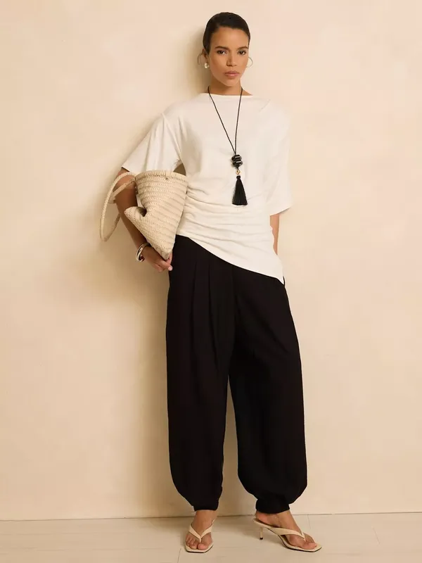 Mint Velvet Draped Asymmetric Viscose Rich Boat Neck T-Shirt, White Ivory