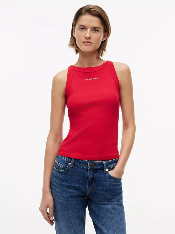 Tommy Hilfiger Logo Ribbed Slim Fit Vest Top, Red Mid