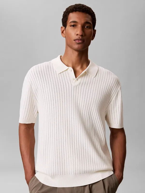 Calvin Klein Plain Ribbed Polo Shirt, White