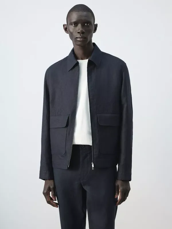 Mango Linen Harrington Jacket, Navy