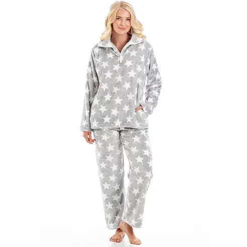 Camille Supersoft Velour Fleece White Star Print Pyjama Set