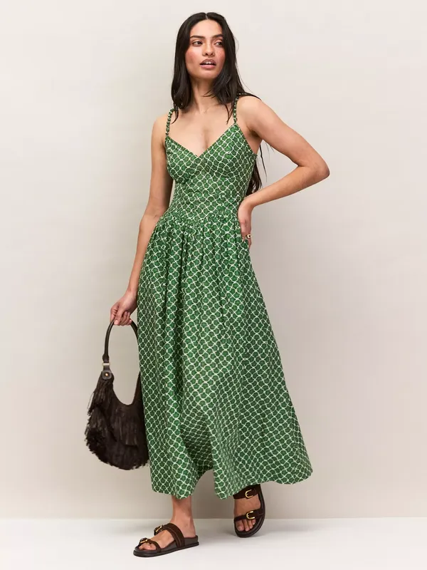 Ro&Zo Fan Print Beaded Strap Dress, Green
