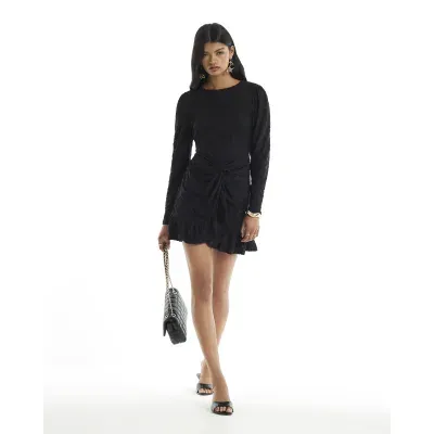 Black Burnout Long Sleeve Twist Mini Dress