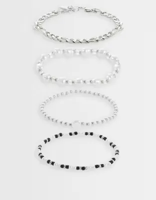 4 pack pearl black stone and chain bracelet in silver