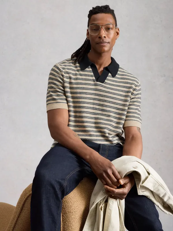 White Stuff Thame Striped Cotton Linen Blend Polo Shirt, Navy/Multi